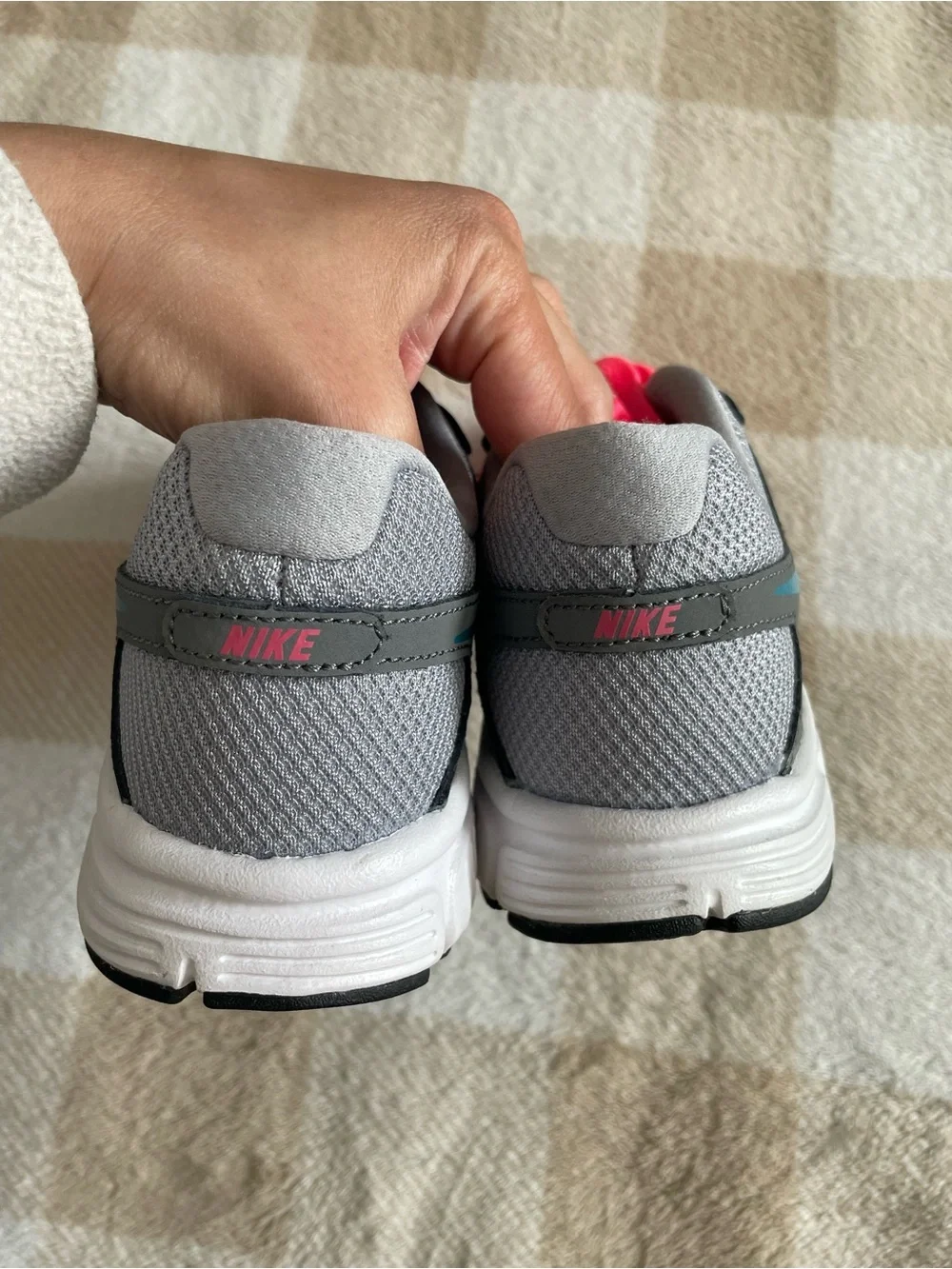 Nike Women’s 6.5 Gray Athletic Sneakers with Teal Swoosh and Pink Laces